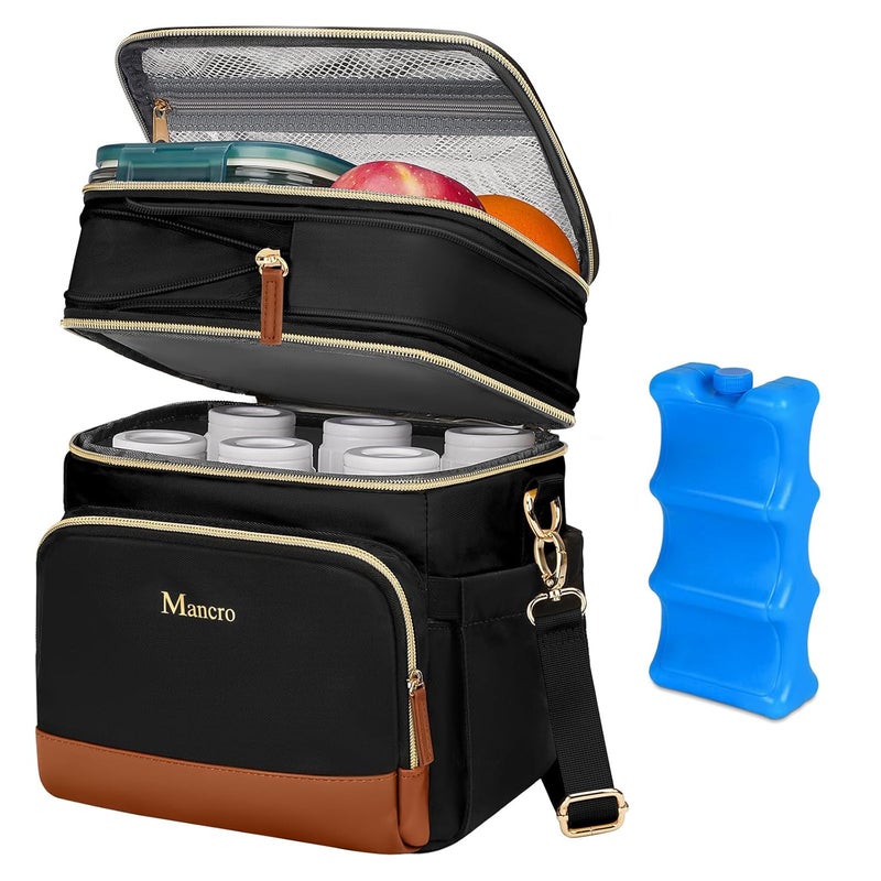 Mancro Expandable Bottle Cooler Bag Fits 6 Bottles Up to 9oz, Double Layer Breastmilk Cooler Bag with Ice Pack, Leakproof Breast Milk Cooler Travel Bag with Stroller Strap for Nursing Moms, Black - Image 1